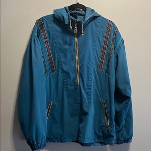 80s/90s Vintage Teal Hooded Jacket with Patterned Stripes